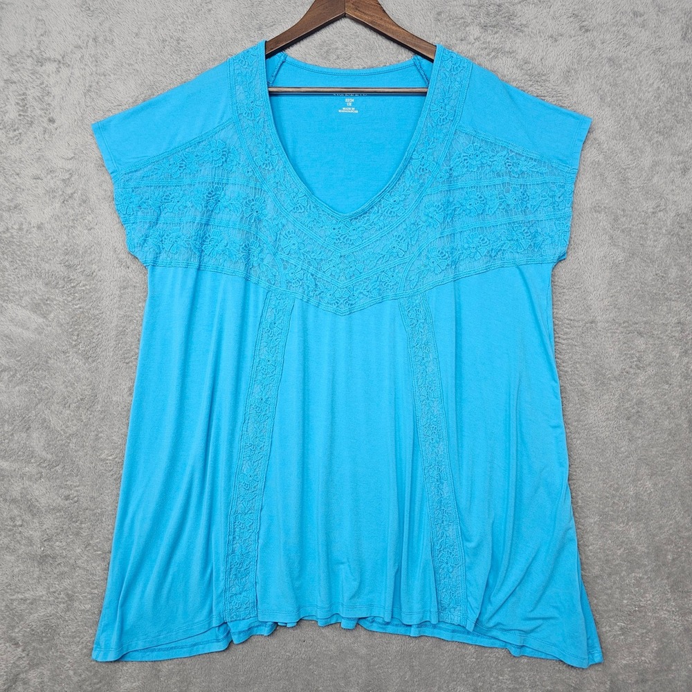Roaman's Womens 1X 22/24 Turquoise Blue Lace Crochet Lightweight Flowy Top - Picture 5 of 7